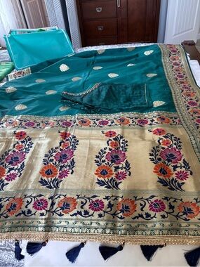 Teal and Gold Floral Banarasi Saree